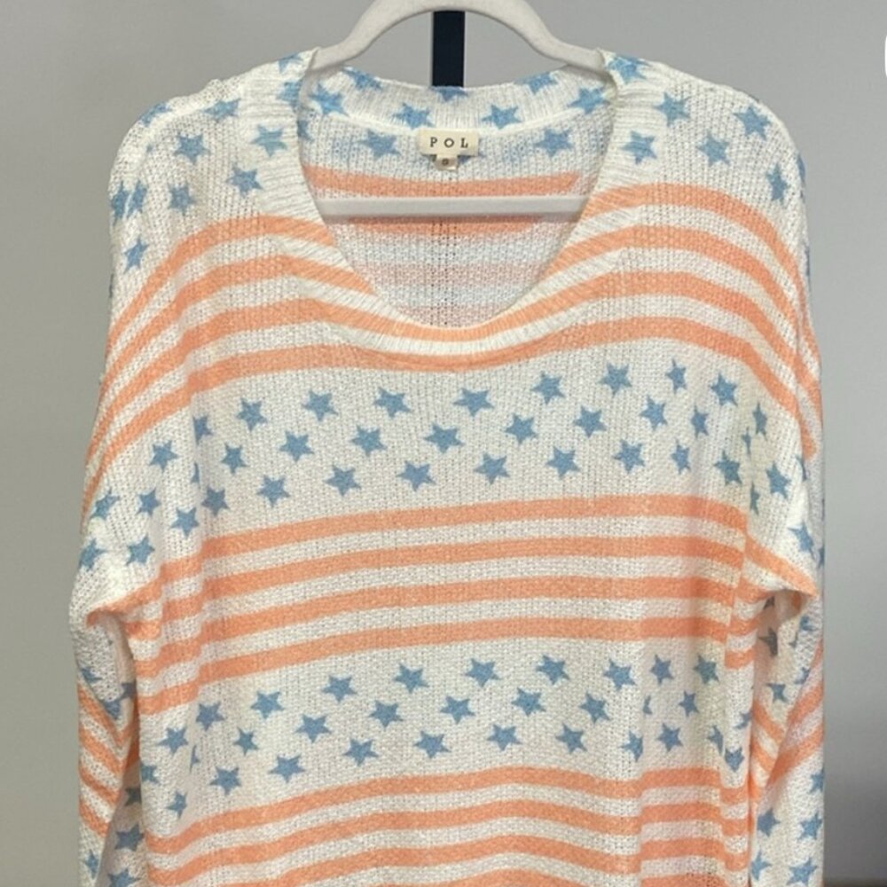 NWT LADIES SIZE S POL CORAL WHITE BLUE STARS STRIPES LIGHTWEIGHT SWEATER TSS271